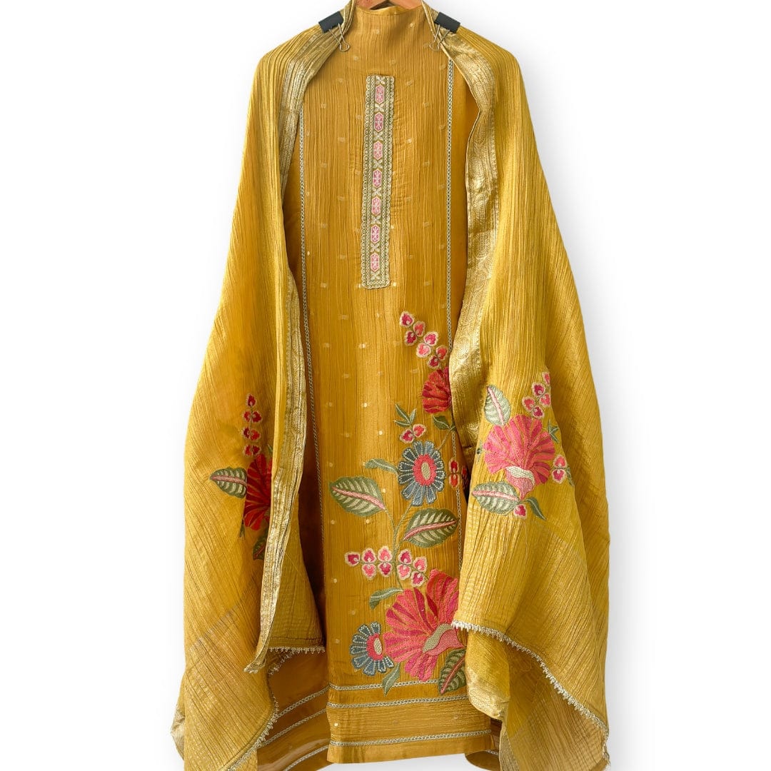 Unisex Indian Yellow Mini Daisies Cloth of Gold | Woven Pure Russian Silk Kurta Fabric (3 Meters) | and Cotton Pyjama (2.5 Meters) | Unstitched Combo Set