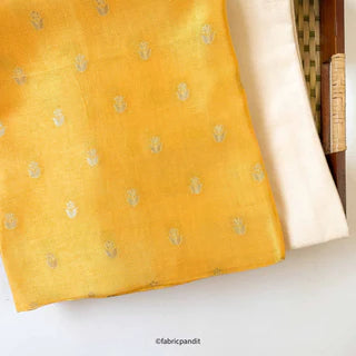 Unisex Indian Yellow Mini Daisies Cloth of Gold | Woven Pure Russian Silk Kurta Fabric (3 Meters) | and Cotton Pyjama (2.5 Meters) | Unstitched Combo Set