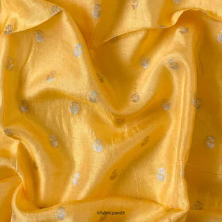 Unisex Indian Yellow Mini Daisies Cloth of Gold | Woven Pure Russian Silk Kurta Fabric (3 Meters) | and Cotton Pyjama (2.5 Meters) | Unstitched Combo Set